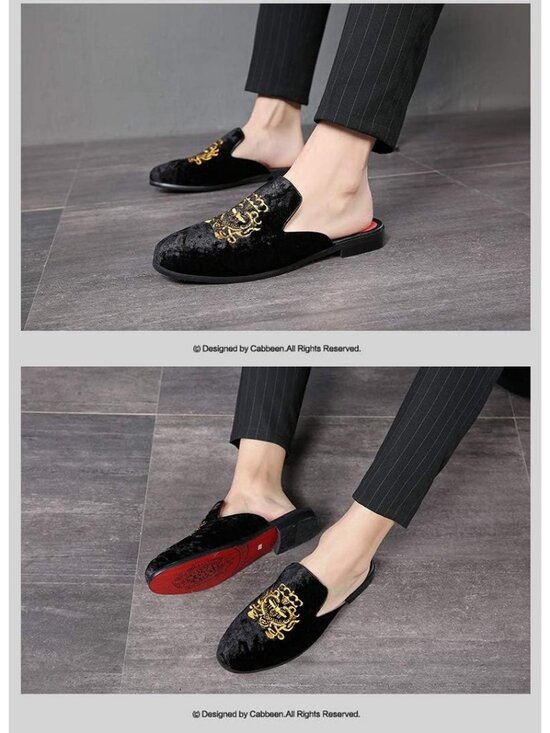 Men\'s Black Rubber Velvet Patent Leather Crown Embroidery Slip On Loafer Slipper main image 6